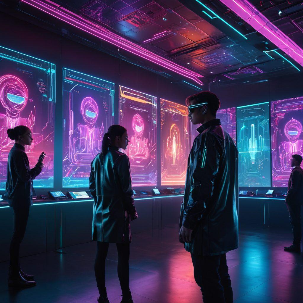 A futuristic scene showcasing a diverse group of people interacting with advanced technology, such as holographic displays and AI assistants, all set in a sleek, modern environment. Include elements like glowing circuitry patterns, abstract digital interfaces, and tools symbolizing innovation and insights. The atmosphere should feel dynamic and inspiring, hinting at the potential of technology. vibrant colors. cyberpunk.