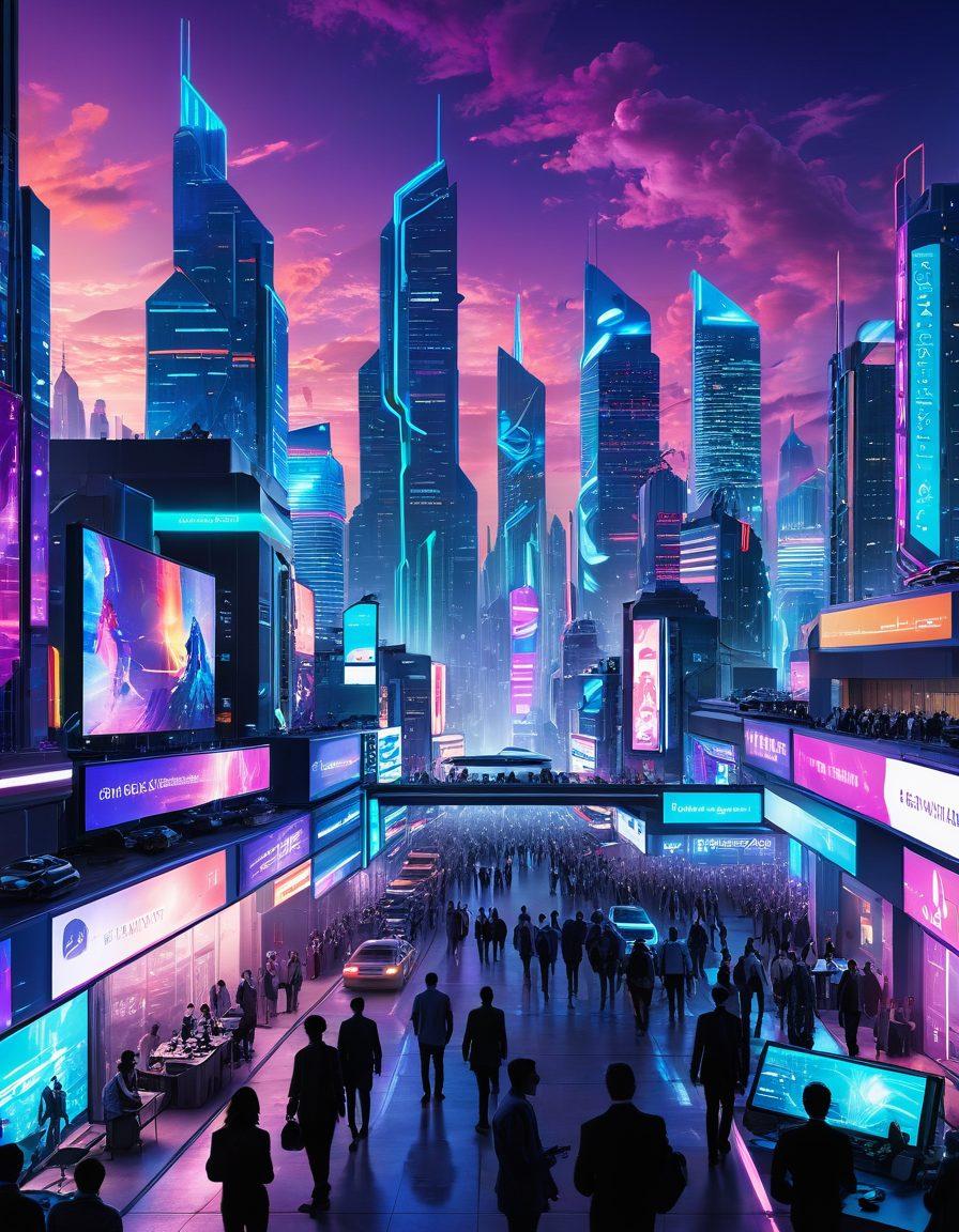 A futuristic cityscape filled with advanced technologies like flying cars, solar panels, and smart buildings. The skyline is illuminated with neon lights, showcasing robots and AI holograms interacting with people. In the foreground, a diverse group of people are engaged with innovative gadgets, symbolizing the themes of collaboration and progress. The sky is a blend of vibrant blues and purples, suggesting a new dawn. cyberpunk. vibrant colors.