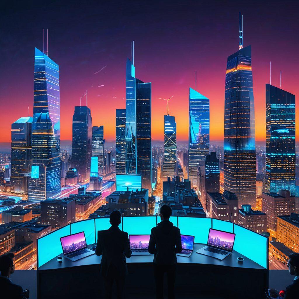 A futuristic city skyline with dynamic digital billboards showcasing various tech trends like AI, 5G, and blockchain. Include a diverse group of people engaged with technology – working on laptops, using AR glasses, and interacting with holograms. The sky transitions from day to night, illuminated with neon lights to signify innovation. Add subtle circuit patterns in the background to enhance the digital theme. vibrant colors. super-realistic.